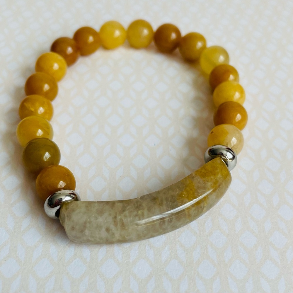 Yellow Agate Stone Beaded Stretch Bracelet with Curved Stone Accent Size 6.5
